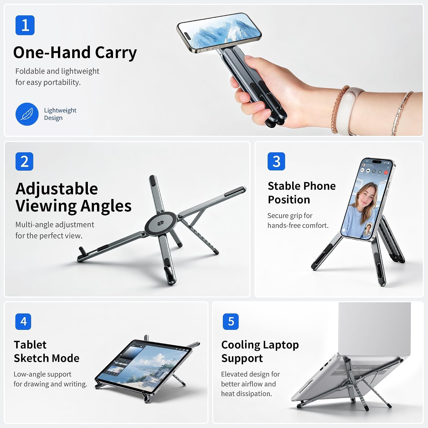 A8 FlexMag Pro — 3-in-1 aluminium stand for laptop, tablet & phone