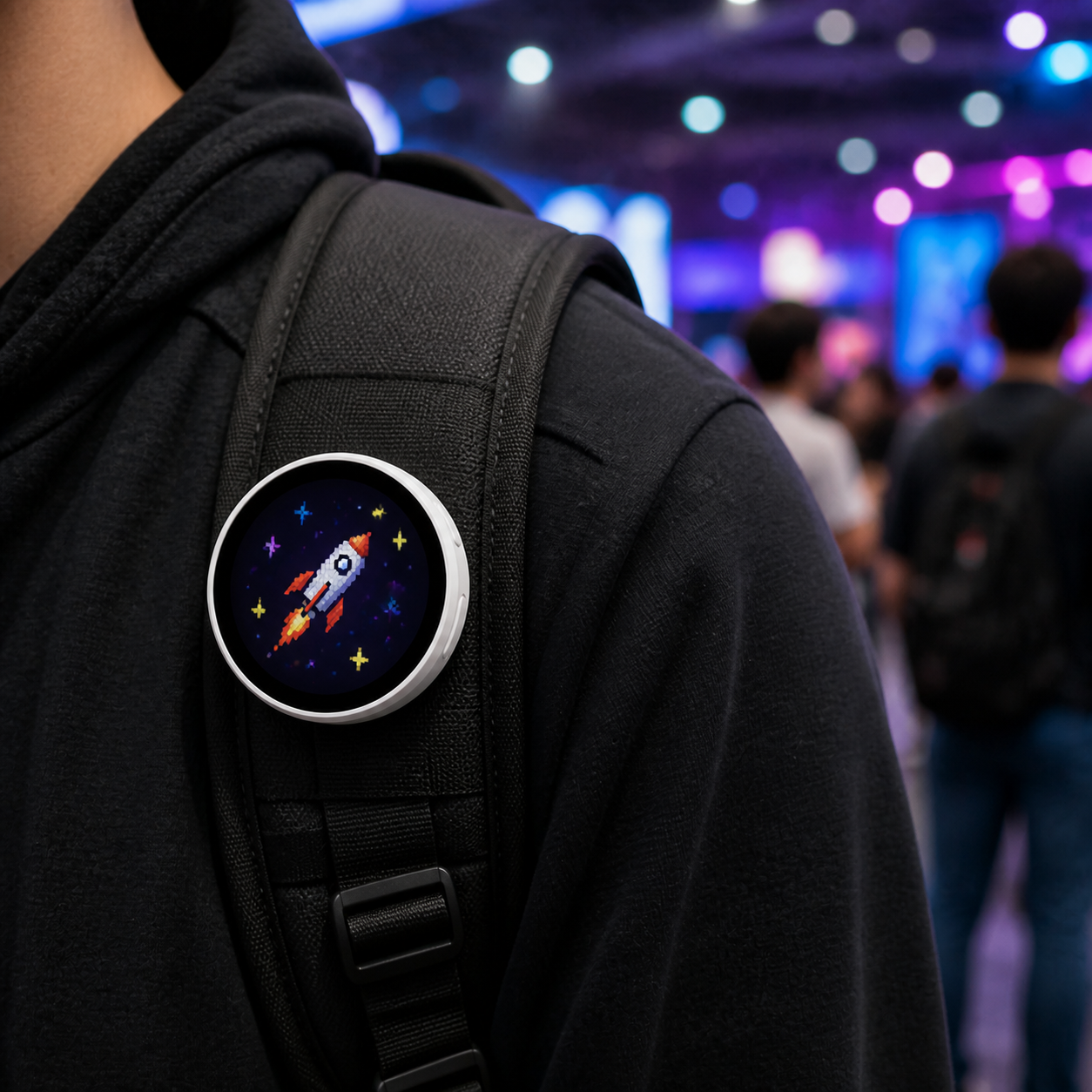 Gadgetrix eBadge attached to a backpack at a gaming convention